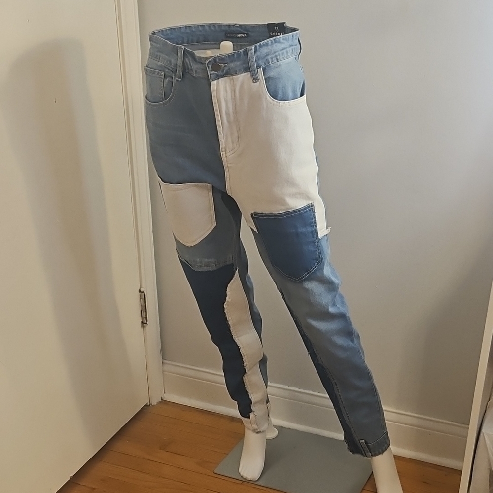 Women's Blue and White Patchwork Jeans